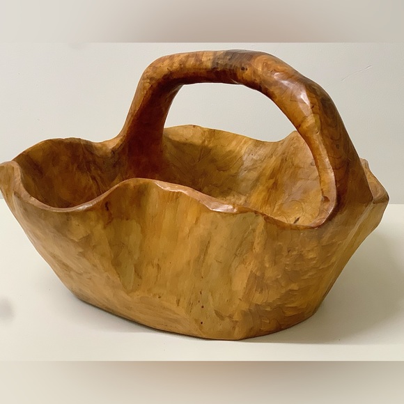 Mid Century Vtg Artisan Hand Carved Solid Tree Burl Wooden Fruit Bowl Basket - Picture 3 of 16